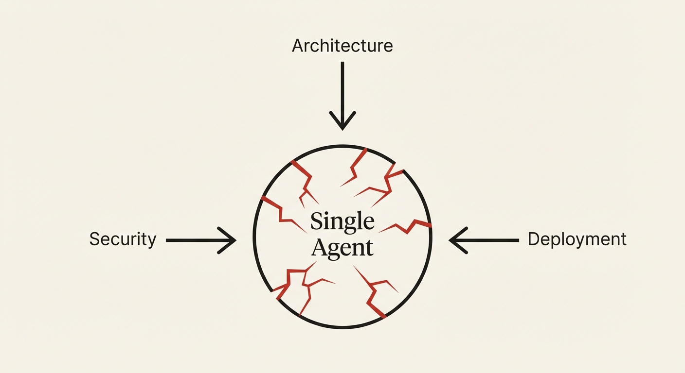 Generate a minimal, sophisticated technical illustration for an editorial tech book showing a central concept node breaking under pressure. The layout features a central dark charcoal (#1a1917) geometric circle labeled 