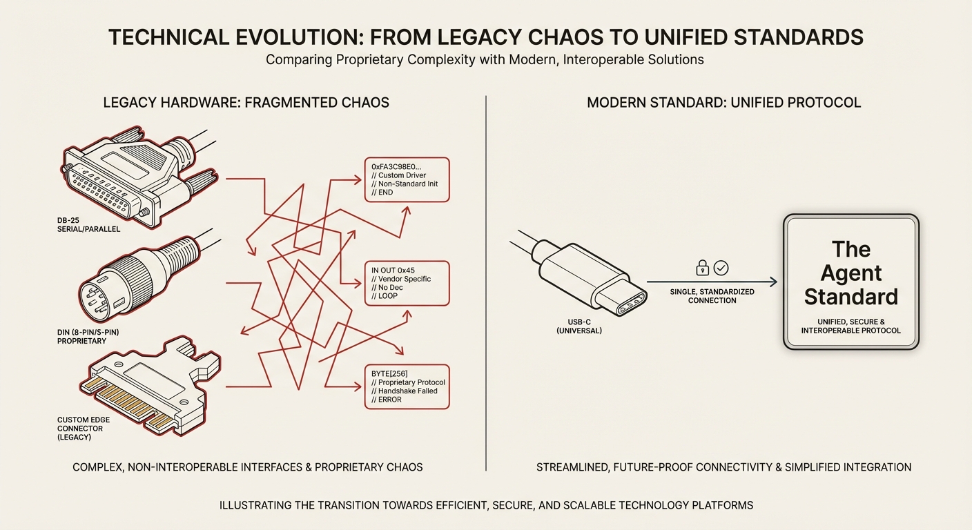 A minimal, split-screen technical illustration comparing chaotic legacy hardware to a unified modern standard, set against a warm beige background (#faf8f5) with dark charcoal text (#1a1917). On the left, depict three distinct, complex vintage connectors (like DB-25 and DIN plugs) outlined in a red accent (#c4392a), connected by jagged, chaotic lines to small code snippet boxes to represent proprietary chaos. On the right, draw a single, cleanly designed USB-C connector linking via a straight, elegant line to a minimalist square node labeled 