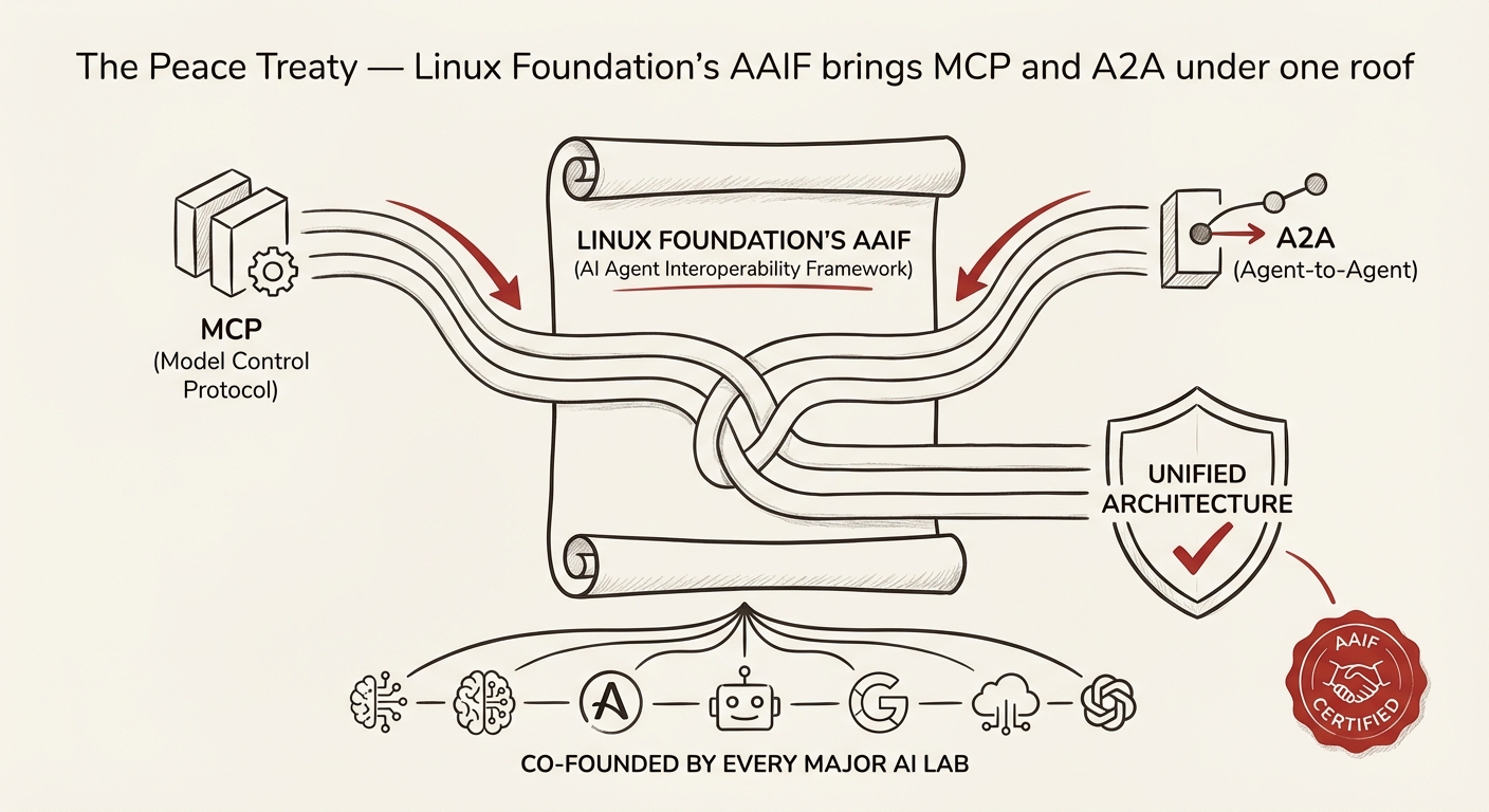 Minimal, clean technical illustration for a book about AI agent architecture. Warm beige/cream background (#faf8f5), dark text (#1a1917), red accent (#c4392a). Style: sophisticated, editorial, like a premium O'Reilly book. No clipart. No stock photo feel. Create a clean diagram: The Peace Treaty — Linux Foundation's AAIF brings MCP and A2A under one roof, co-founded by every major AI lab. Use simple geometric shapes, minimal lines, clear labels. Should look hand-drawn on a whiteboard but polished. The Peace Treaty — Linux Foundation's AAIF brings MCP and A2A under one roof, co-founded by every major AI lab