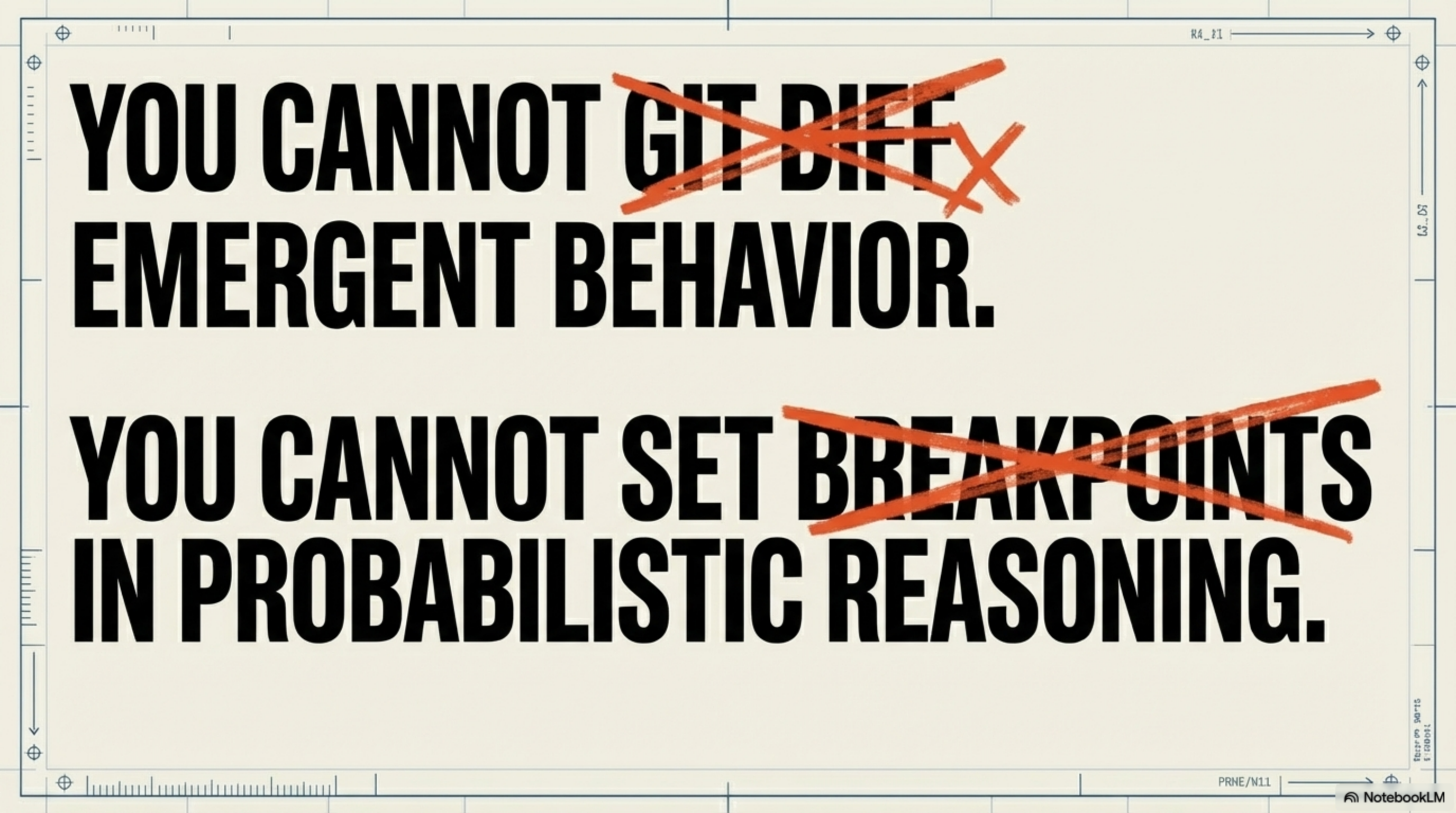 YOU CANNOT GIT DIFF EMERGENT BEHAVIOR. YOU CANNOT SET BREAKPOINTS IN PROBABILISTIC REASONING.